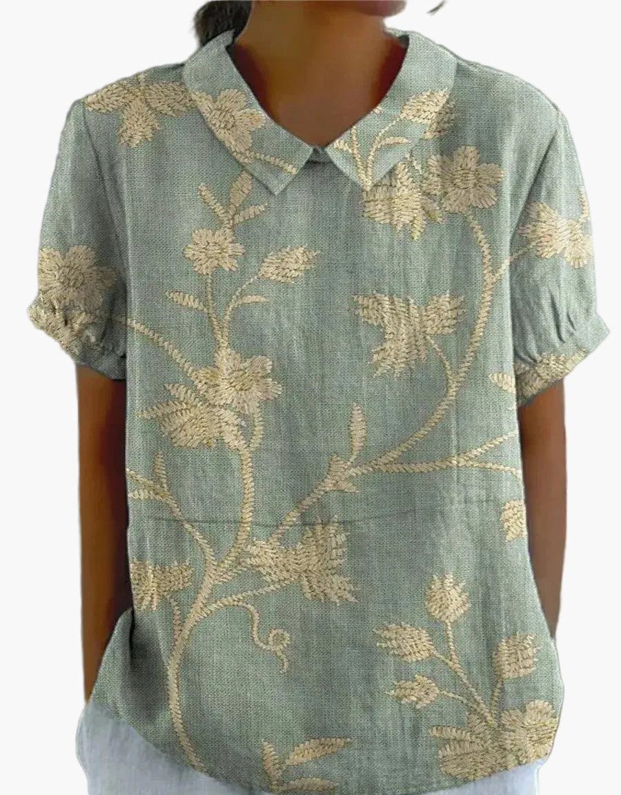 Damen Vintage Bluse mit farbigem Blumenmuster & Kragen; elegant & vielseitig für Freizeit & Büro.