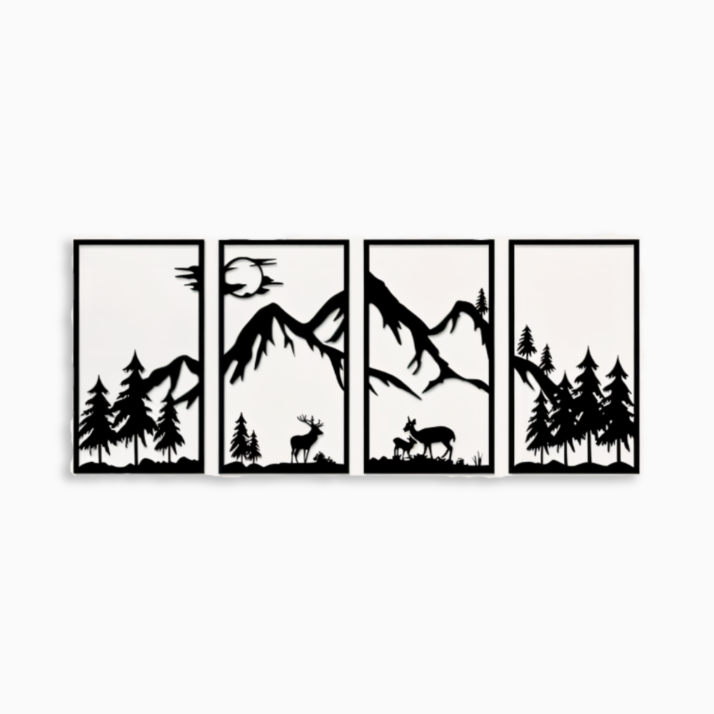 4-teilige ForestPeaks Metall-Wandkunst: Abstraktes Bergpanorama in Schwarz. Moderne Deko für Wohnzimmer & Büro.