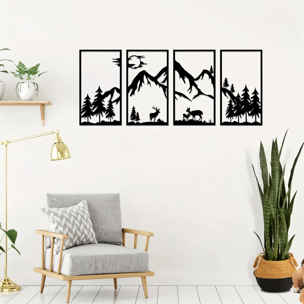 Moderne, abstrakte Metallkunst: 4-teiliges schwarzes Bergpanorama als Wanddekoration. Naturmotive für Ihr Heim.