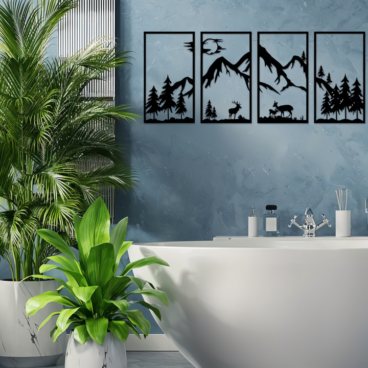 Schwarzes Bergpanorama Wanddeko Set: Vierteilige Metallkunst, ideal für ein modernes Wohnzimmer oder Büro.