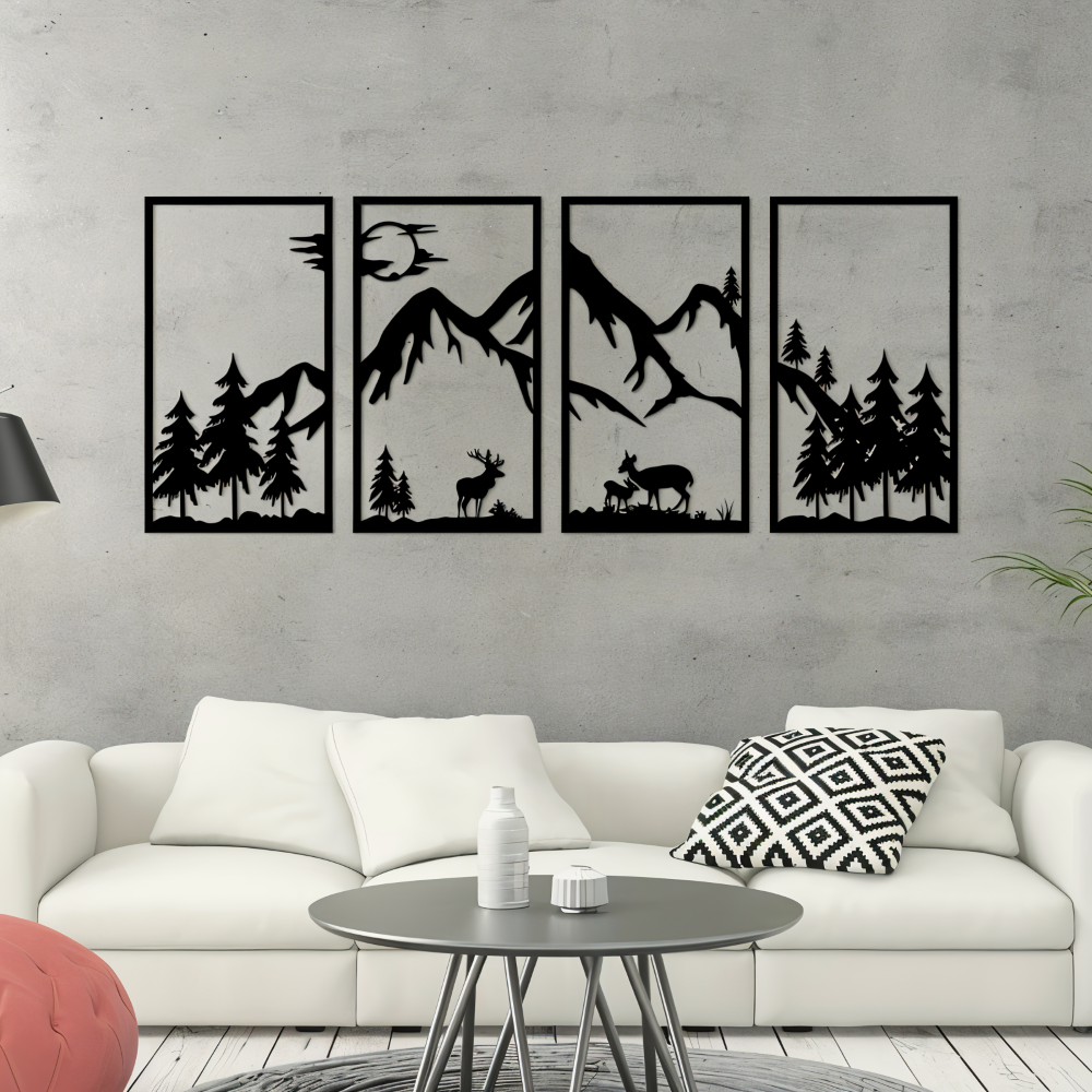 Elegante, schwarze Metall-Wandkunst, 4-teilig: Bergpanorama als Blickfang für Ihre moderne Innendekoration.