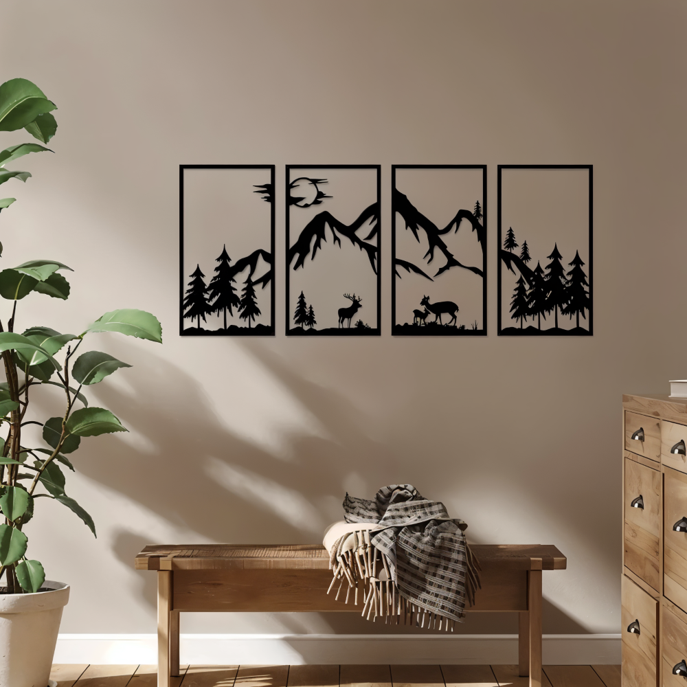 ForestPeaks Bergpanorama: 4-teilige schwarze Metallkunst. Abstrakte Wanddeko mit Naturmotiven für moderne Räume.
