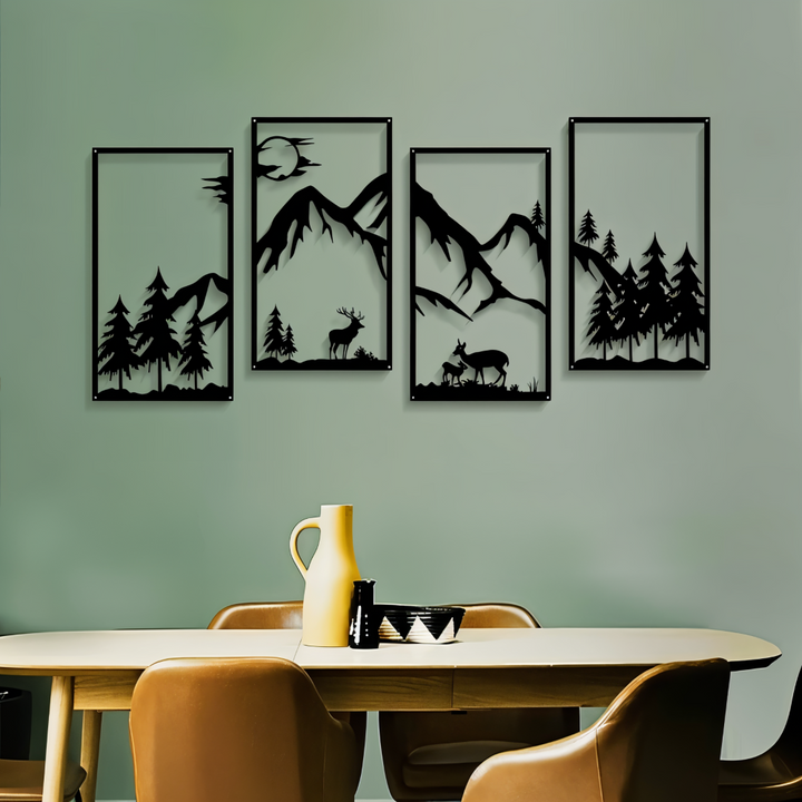 Abstrakte schwarze Metallkunst: 4-teiliges Bergpanorama. Perfekte Wanddeko mit Naturmotiven für Wohnkultur.