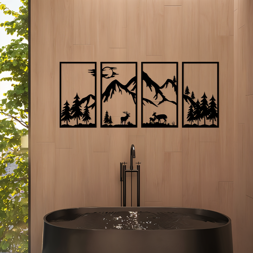 Zeitgenössische Metall-Wandkunst: 4-teiliges, abstraktes Bergpanorama in Schwarz. Modernes Design für jede Wand.
