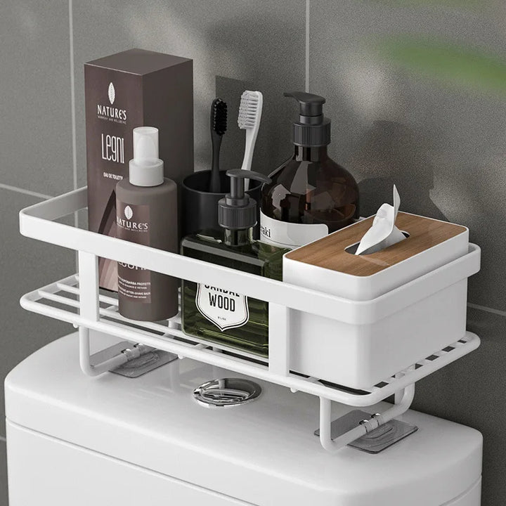 Vielseitiges Badezimmer-Hängeregal LooShelf, perfekt für kleine Bäder, bohrfreie Montage.