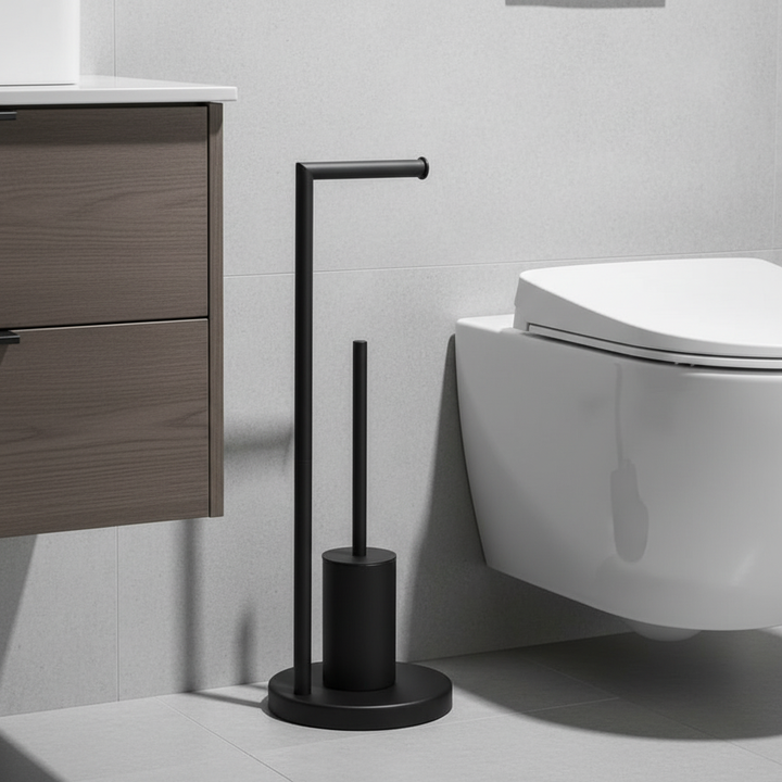 Eleganter freistehender Toilettenpapierhalter mit WC-Bürste, platzsparend und modern für Ihr Badezimmer.