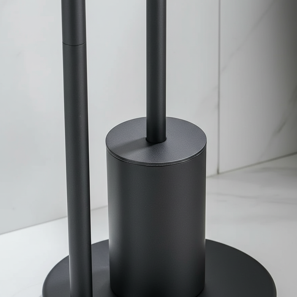 Platzsparender silberner Toilettenpapierhalter mit WC-Bürste, freistehend für ein hygienisches Badezimmer.