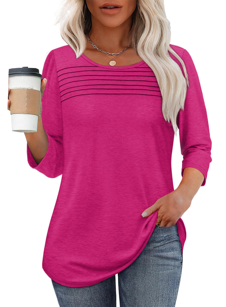 Modernes Damen-Top mit 3/4-Arm, eleganter Plissierung und Rundhals, ideal für einen zeitgemäßen Look.