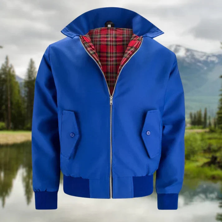 Klassische Herren Harrington-Jacke, marineblau, mit Reißverschluss und Tartan-Futter. Ideal für Herbst & Übergang.