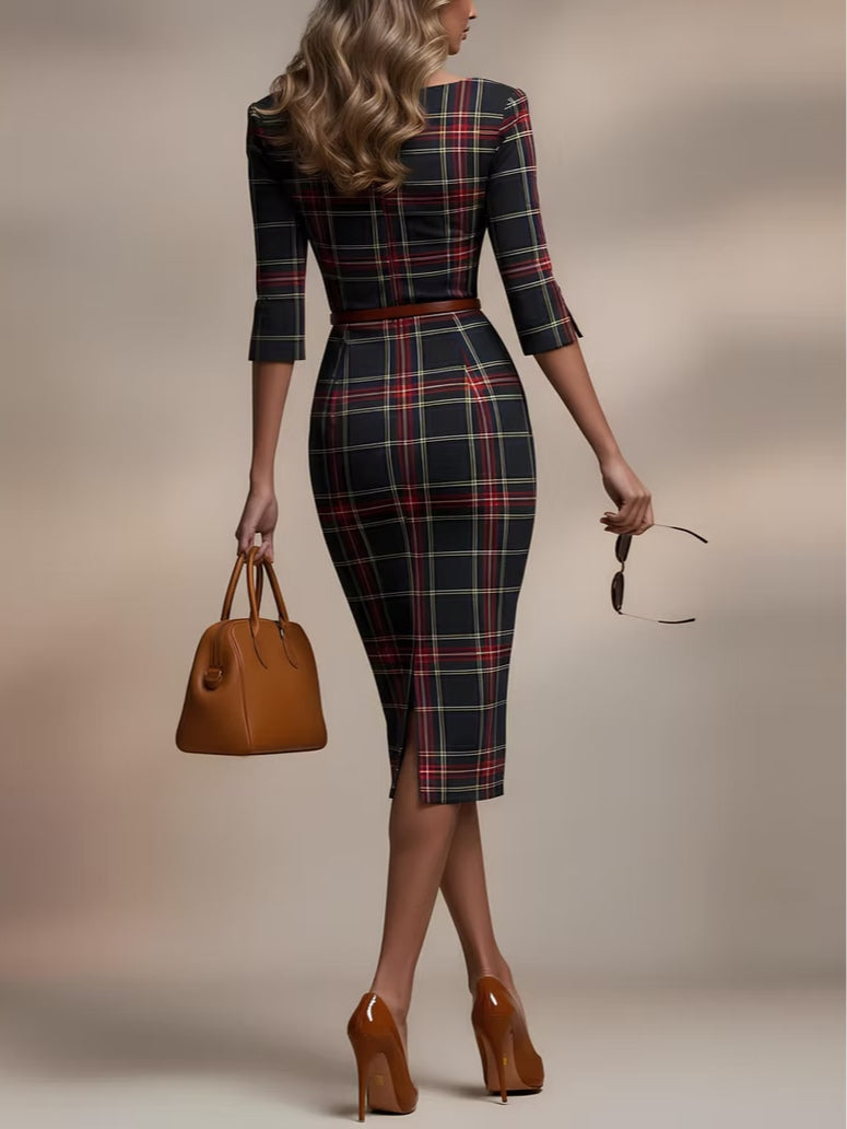 Marineblau-grünes kariertes Midikleid für Damen, klassisch mit Bootsausschnitt, ideal für Büro und Alltag.
