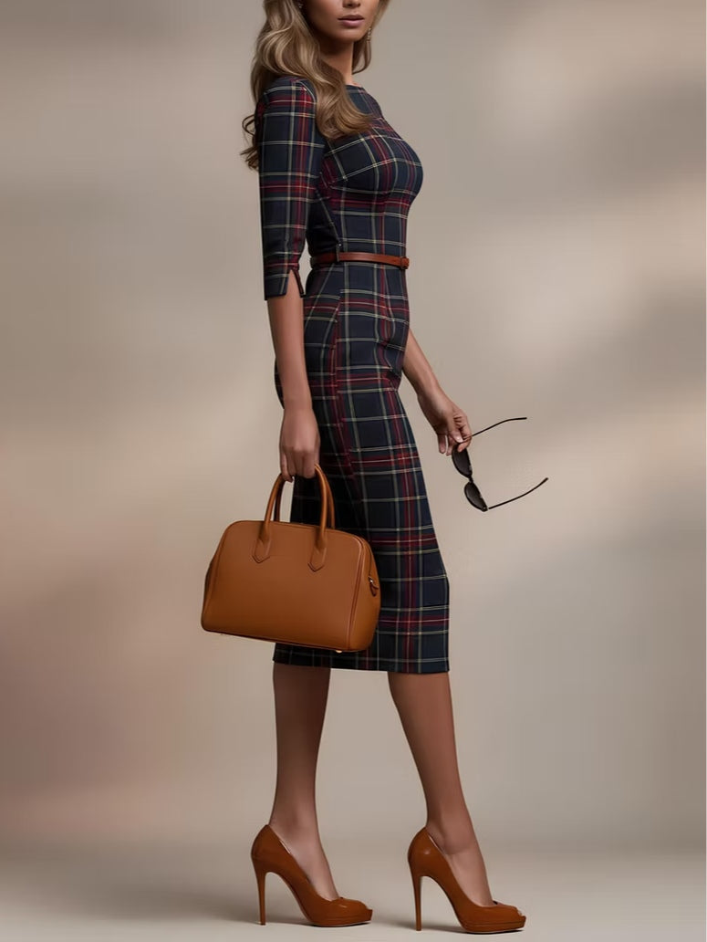 Elegantes Damen Büromidikleid kariert, klassischer Schnitt mit Dreiviertelarm. Perfekt für den professionellen Auftritt.