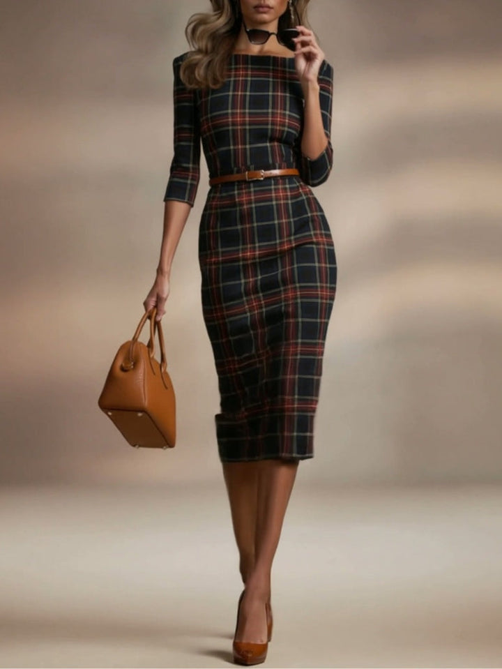 Damen klassisches Midikleid kariert, elegantes Freizeit- & Bürokleid mit Dreiviertelarm für vielseitige Looks.