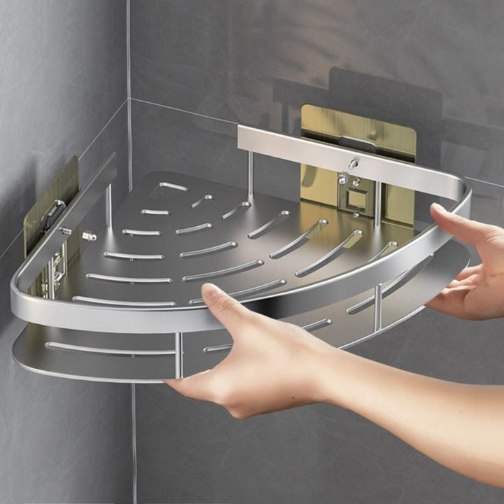 Modernes Aluminium Duschregal für Ecken, bohrfreie Wandmontage, bietet praktischen Stauraum für Badaccessoires.