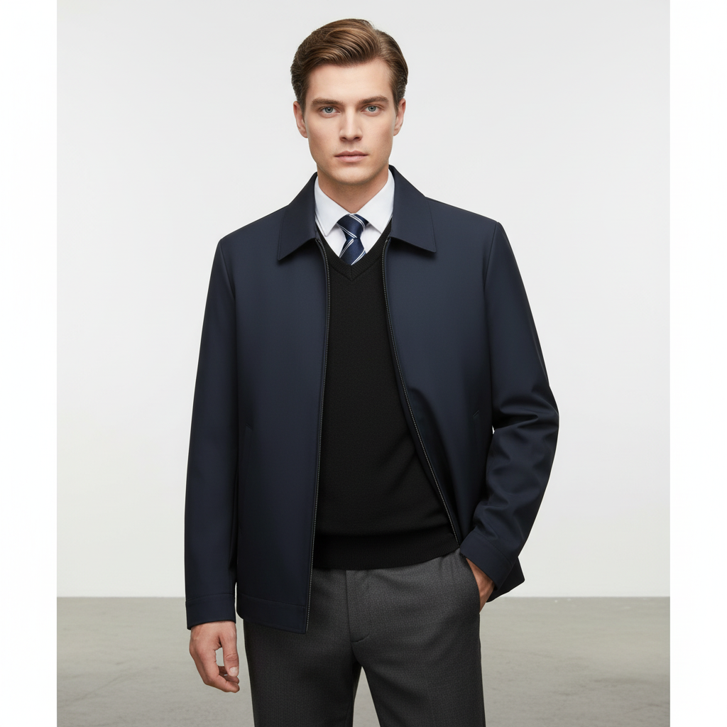 Nahaufnahme der hochwertigen Textur einer warmen Winterjacke für Herren, mit robusten Nähten und Details.