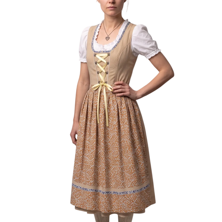 Elegantes Damen Dirndl-Set für Oktoberfest mit traditionellem Kleid, Spitzenbluse und geblümter Schürze.