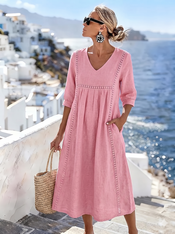 Bequemes Damen Patchwork Spitzenkleid mit V-Ausschnitt & Kurzarm, perfekt für den Alltag.