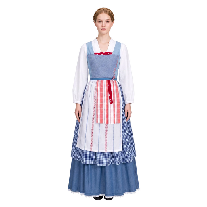Elegantes blau-graues Damen Trachtenkleid im Dirndl-Stil für Oktoberfest und festliche Anlässe, mit Rüschen.