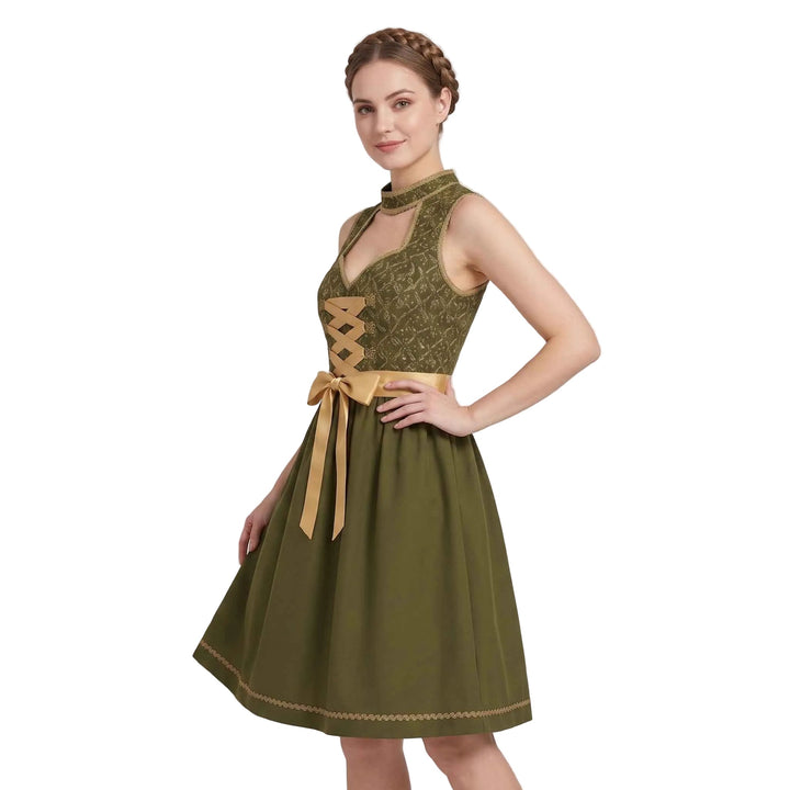 Grünes Damen Dirndl Trachtenkleid für Oktoberfest & Themenpartys, mit traditionellem Schnüroberteil & eleganter Schürze.