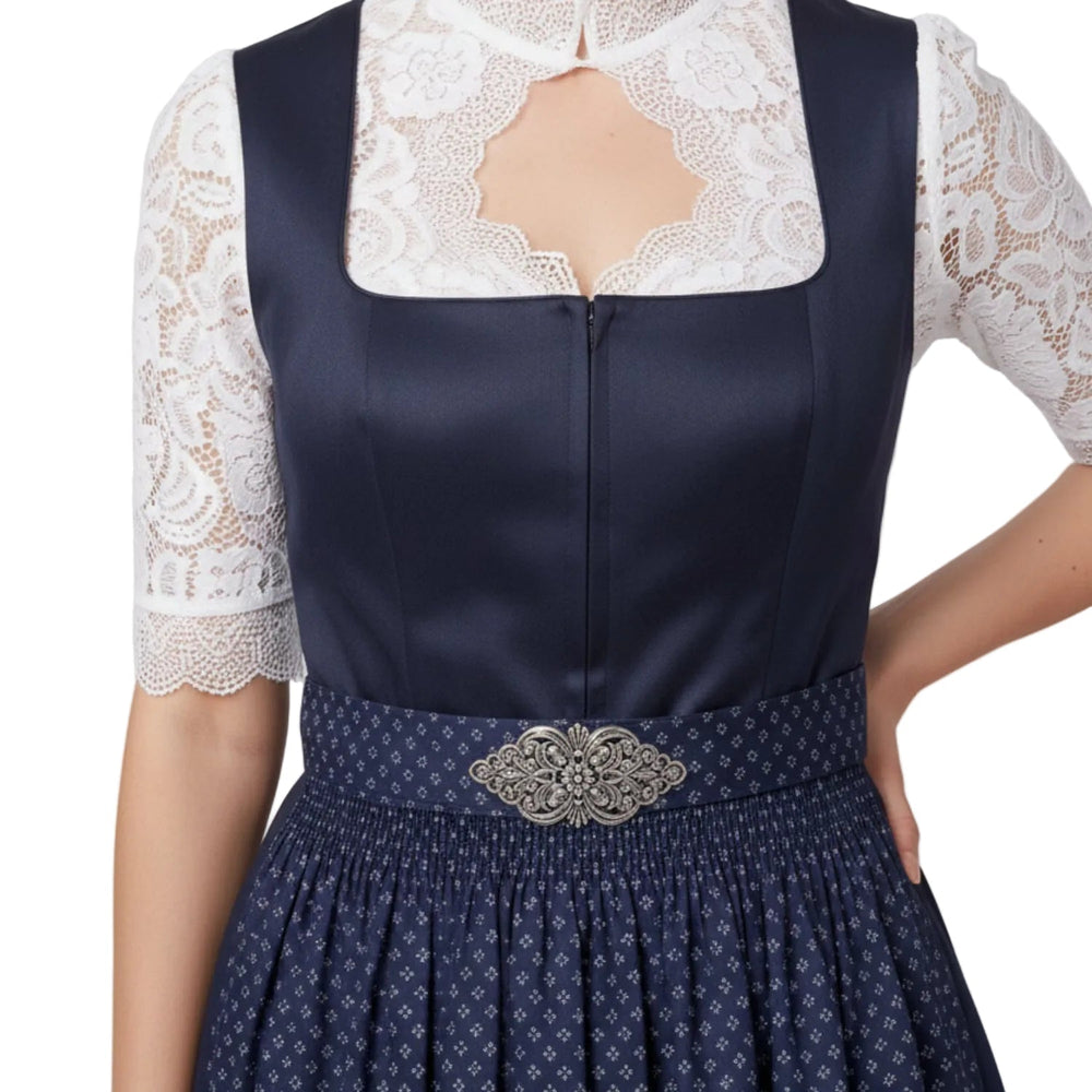 Festliches Damen Dirndl in Marineblau mit filigraner Spitze & passender Schürze. Hochwertige bayerische Tracht.