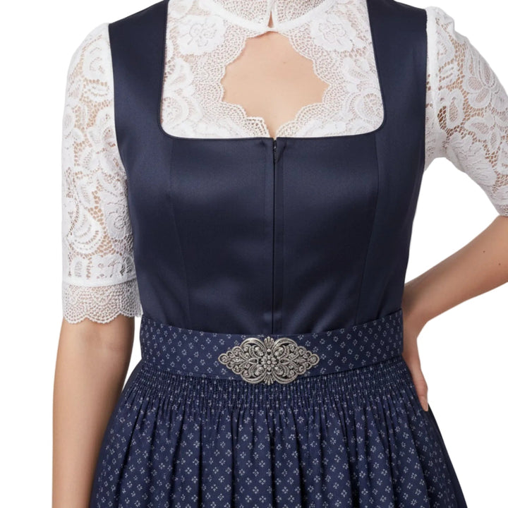 Festliches Damen Dirndl in Marineblau mit filigraner Spitze & passender Schürze. Hochwertige bayerische Tracht.
