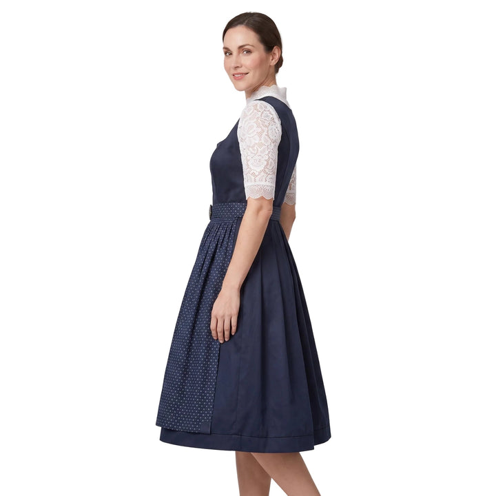 Elegantes Damen Trachtenkleid für Oktoberfest & Feste, marineblaues Dirndl mit Spitze & abgestimmter Schürze.
