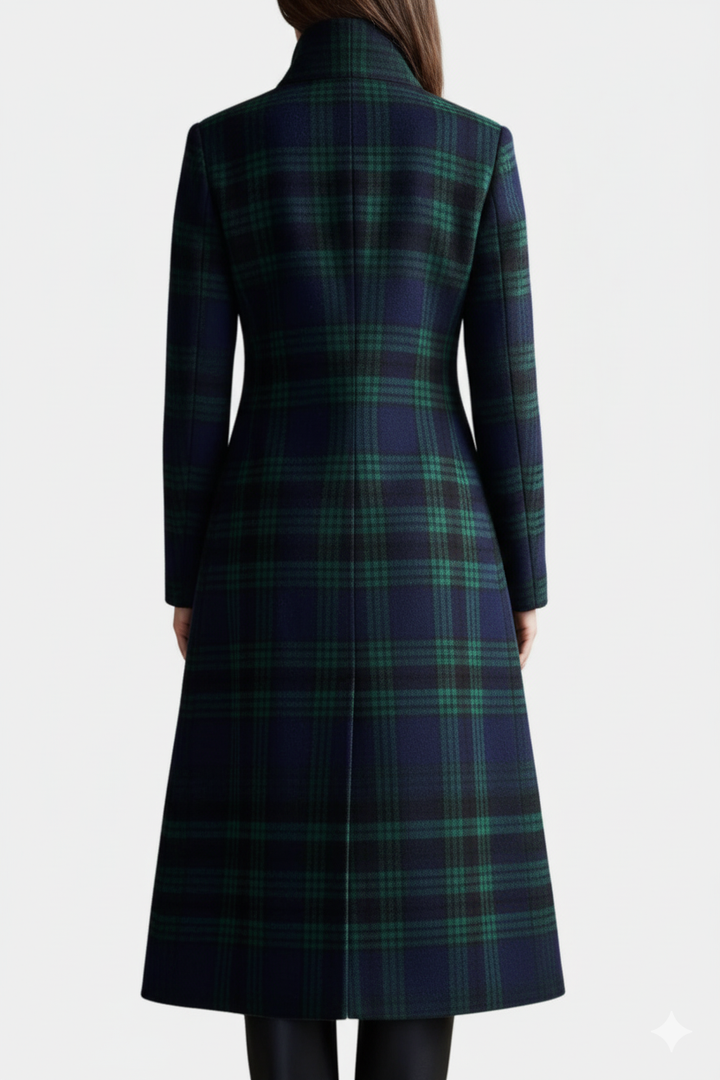 Moderner Damen Midi-Mantel in Grün-Blau, elegant und wärmend. Perfekter strukturierter Herbst-/Winter-Damenmantel.