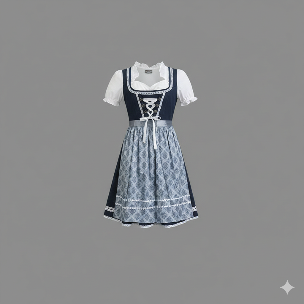 Traditionelles blaues Damen Dirndl-Set mit Schürze und Bluse, perfekt für Oktoberfest und Volksfeste.