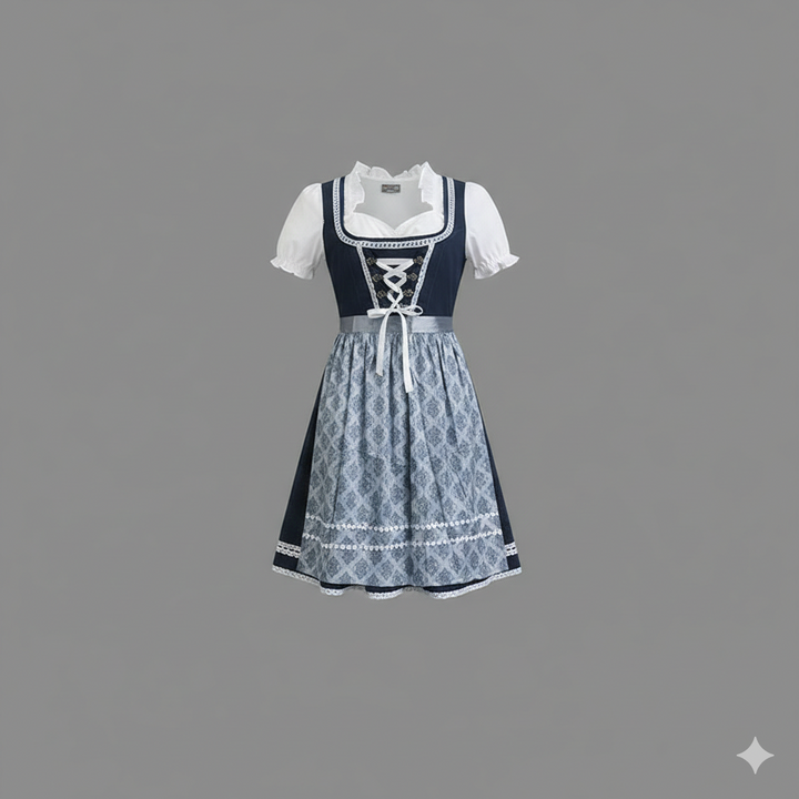 Traditionelles blaues Damen Dirndl-Set mit Schürze und Bluse, perfekt für Oktoberfest und Volksfeste.