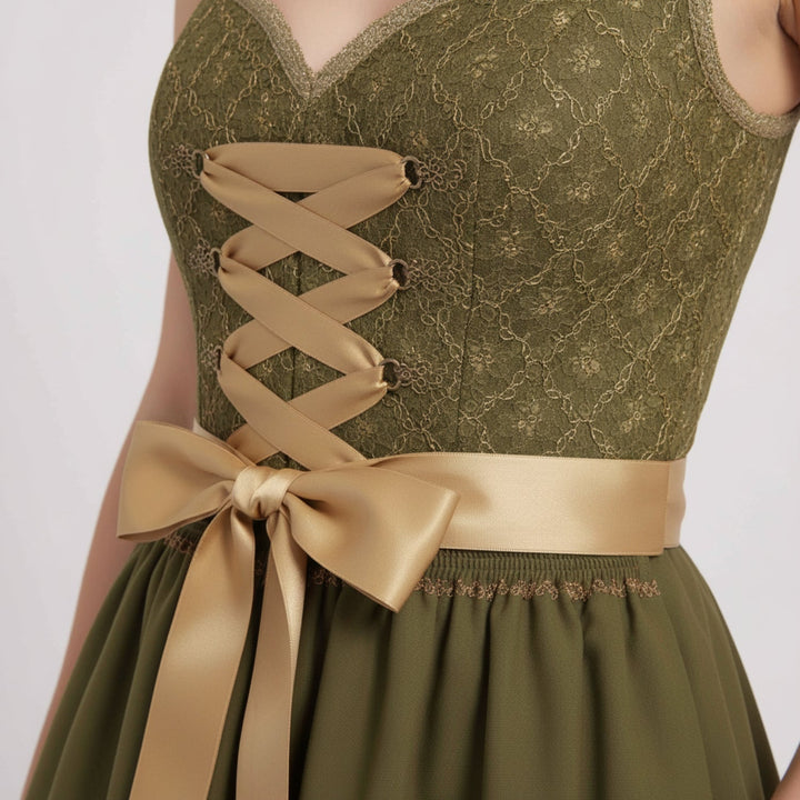 Traditionelles Damen Dirndl-Kleid in Grün, bayerische Mode mit Puffärmeln & dekorativem Schnürdetail, ideal für Festtage.