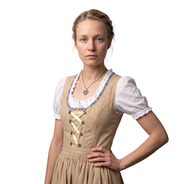 Tailliertes Damen Dirndl-Kleid mit Zierschnürung, feiner Spitzenbluse und gemusterter Blumenschürze.