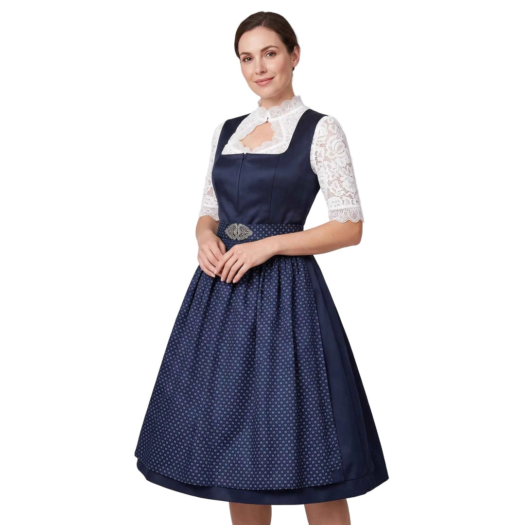 Klassisches bayerisches Dirndl-Kostüm für Damen, marineblau, mit zarter Spitze & traditioneller Schürze.