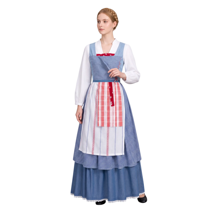 Schönes blau-graues Trachtenkleid für Damen mit Rüschen und praktischen Taschen, ideal als Partykleid fürs Oktoberfest.