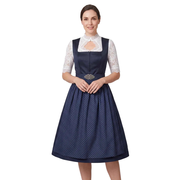 Traditionelles Dirndl-Kleid für Damen in Marineblau mit eleganter Spitze & Schürze, ideal für Oktoberfest & Feste.