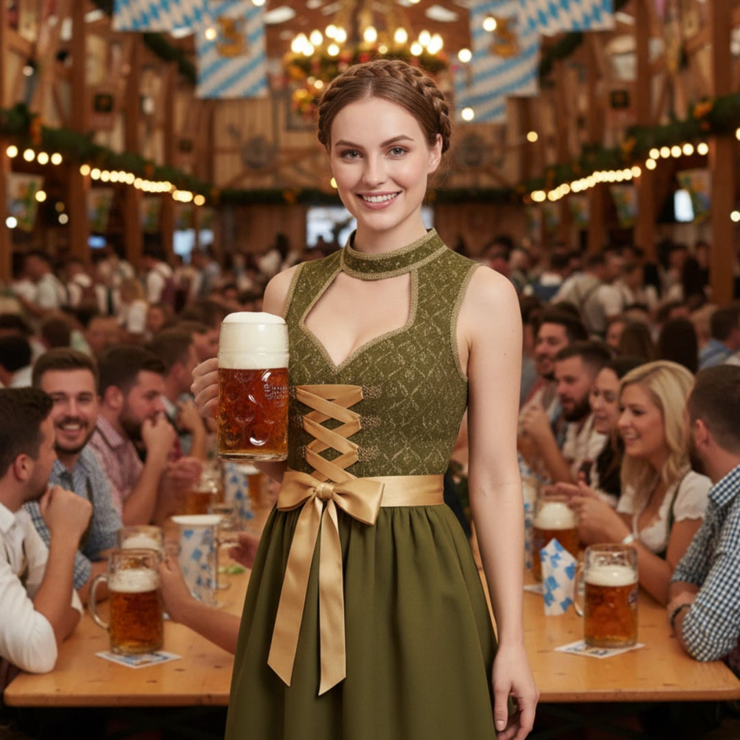 Elegantes grünes Damen Dirndl Trachtenkleid im traditionellen Design mit Schnüroberteil & Schürze für Oktoberfest & Mottoparty.