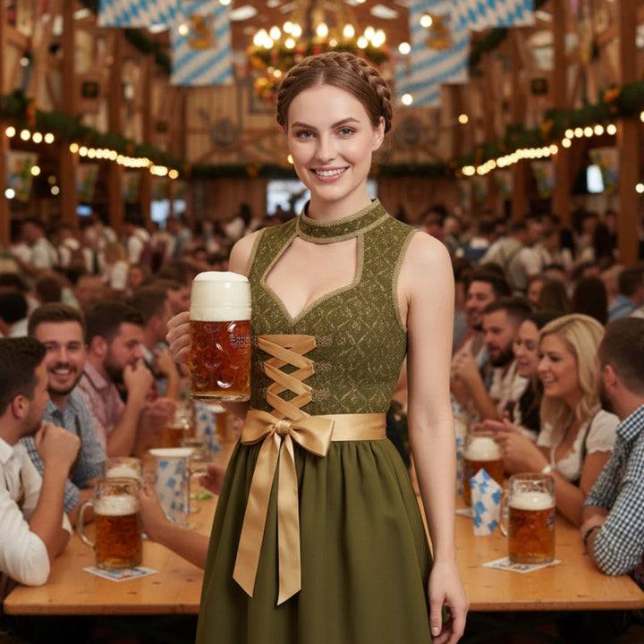 Elegantes grünes Damen Dirndl Trachtenkleid im traditionellen Design mit Schnüroberteil & Schürze für Oktoberfest & Mottoparty.