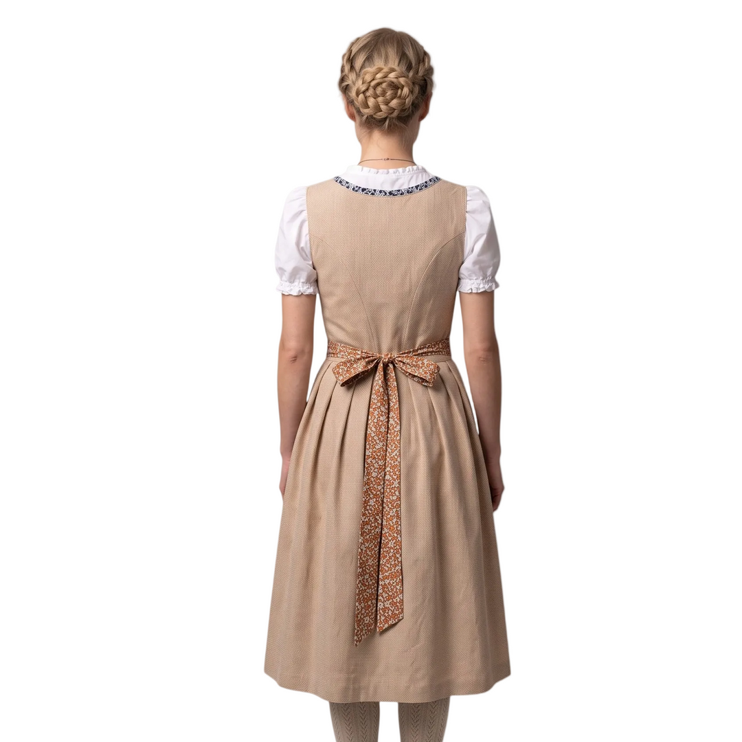 Dunkelbraunes Damen Dirndl mit Frontschnürung, detaillierter Spitzenbluse und floraler Schürze für Volksfest.
