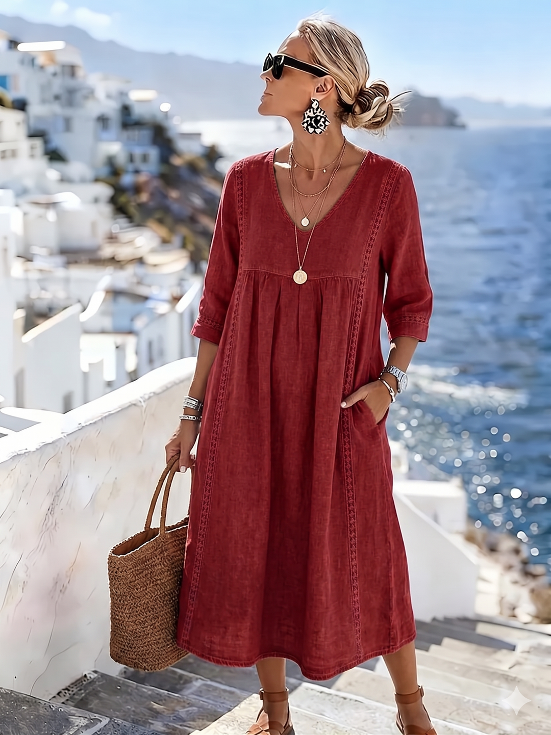 Stilvolles Freizeit-Sommerkleid für Damen: Patchwork-Design, Spitze, V-Ausschnitt.
