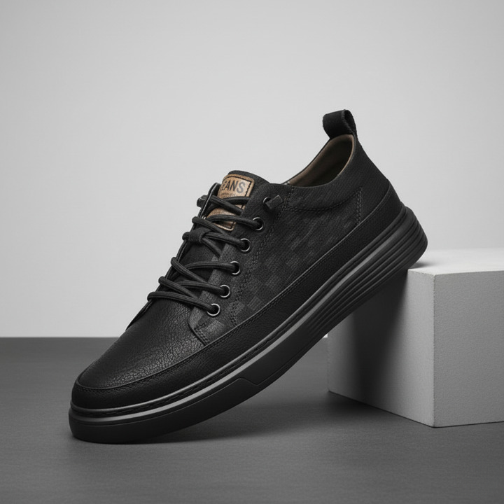 Klassische schwarze Herren-Sneaker mit weißer Sohle. Gepolsterte, rutschfeste Büroschuhe für Komfort.