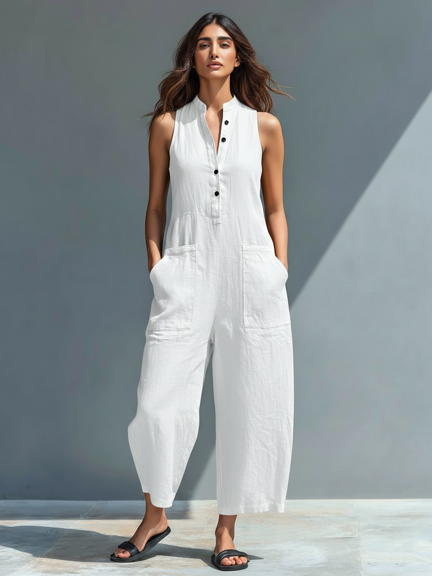 Ärmelloser Damen Freizeit Jumpsuit mit durchgehender Knopfleiste. Komfortabler Einteiler für Sommer & Urlaub.