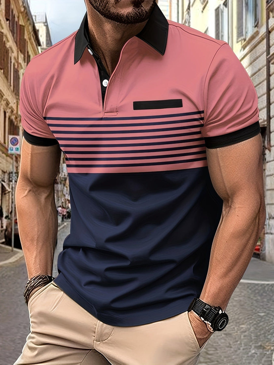 Gestreiftes Herren Poloshirt, kurzarm & atmungsaktiv, ideal für Golfmode und sportliche Sommergarderobe.