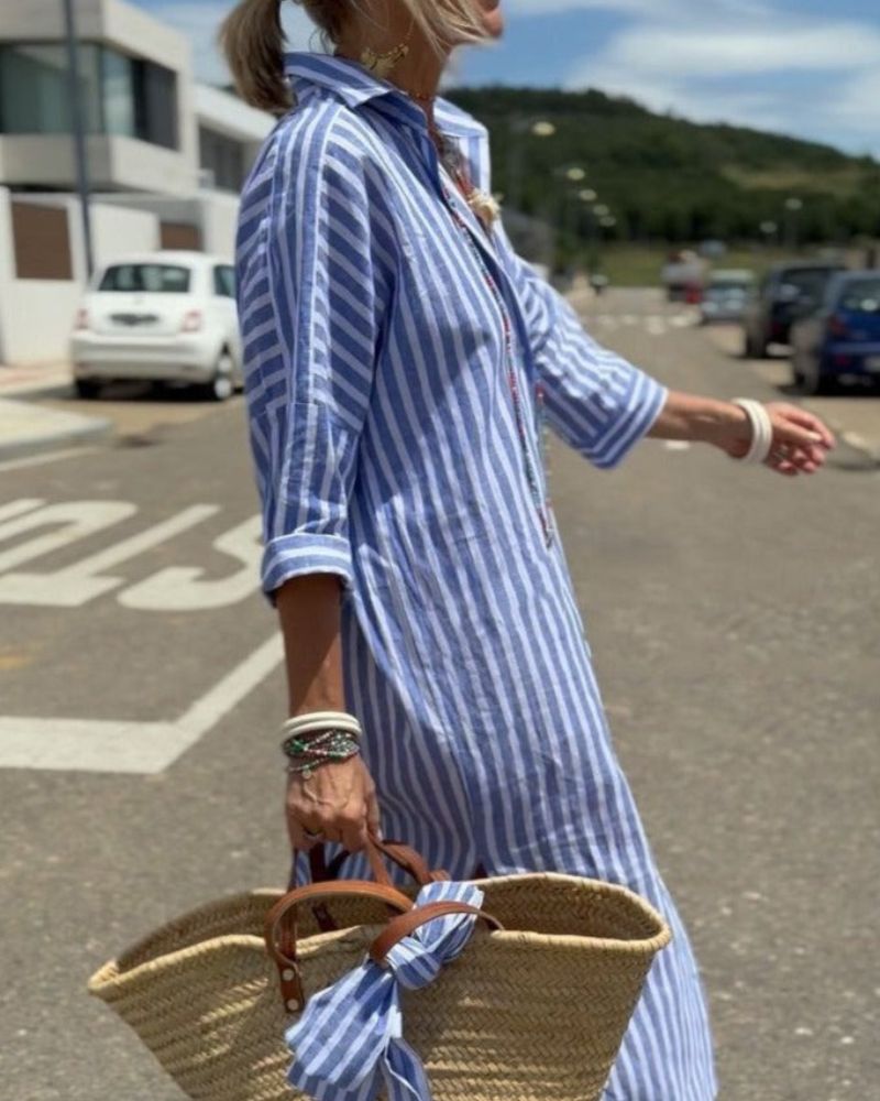 Klassisches gestreiftes Damen Hemdkleid, vielseitig tragbar als Sommerkleid für casual oder chic.