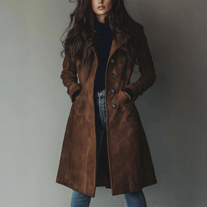 Eleganter dunkelbrauner Damen Vintage Grabenmantel, lang. Klassische Oberbekleidung für Frühling/Herbst.