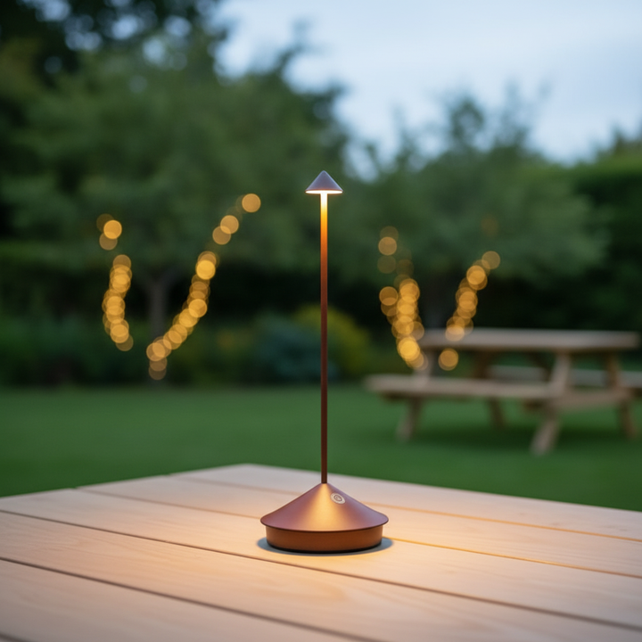 Kabellose LED-Tischlampe für Innen & Außen, dimmbar, modernes Design für stimmungsvolle Ambiente-Beleuchtung.