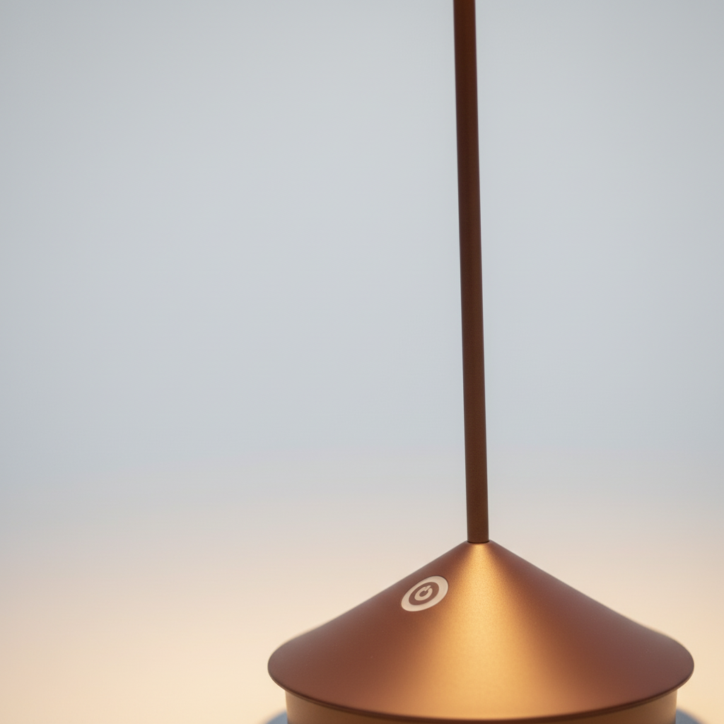 Moderne kabellose LED-Tischlampe für Innenbeleuchtung, dimmbar, schafft warmes Ambiente im Wohnzimmer.