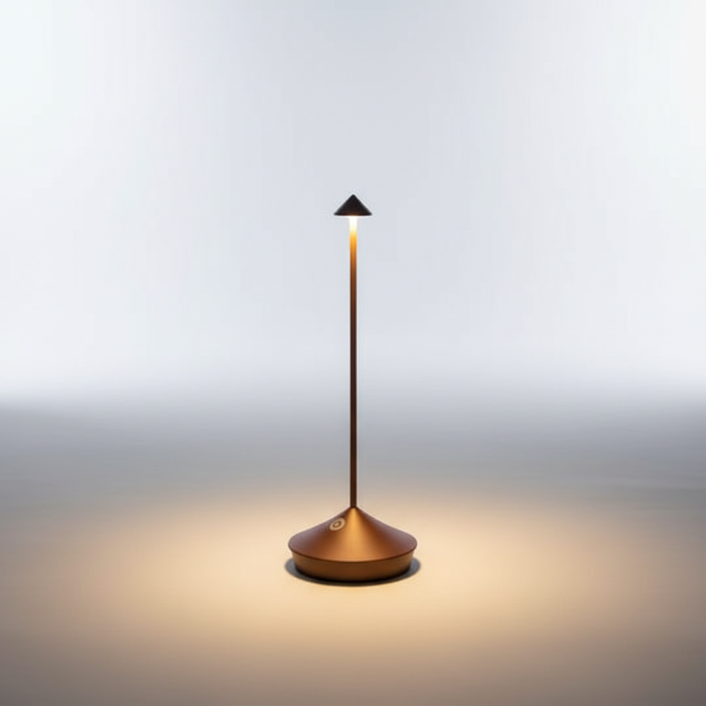 Elegante kabellose LED-Tischlampe, modern und wetterfest, ideal als Ambiente-Beleuchtung für Terrasse & Balkon.