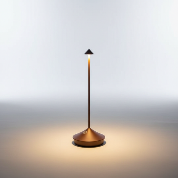 Elegante kabellose LED-Tischlampe, modern und wetterfest, ideal als Ambiente-Beleuchtung für Terrasse & Balkon.