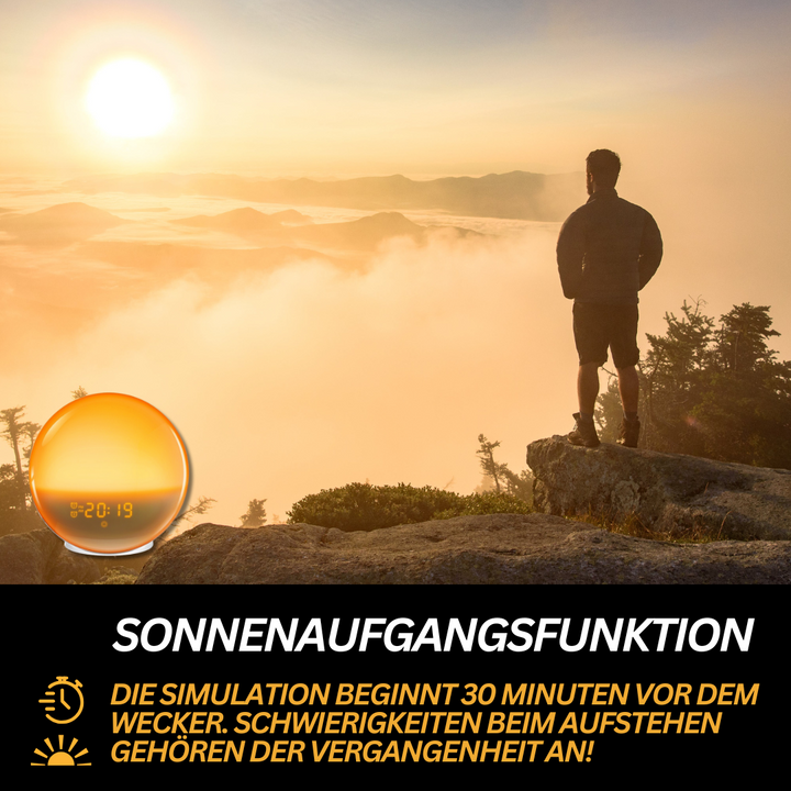 Multifunktionaler GlowRise Radiowecker mit FM-Radiofunktion und Lichtwecker für entspanntes Aufwachen.