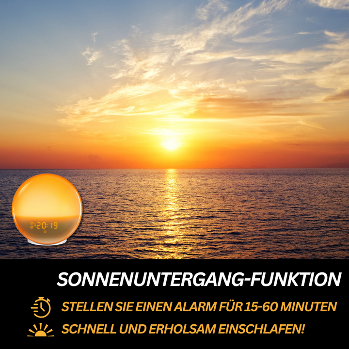 Moderner GlowRise Lichtwecker auf Nachttisch, unterstützt entspannte Morgenroutine mit sanftem Licht.