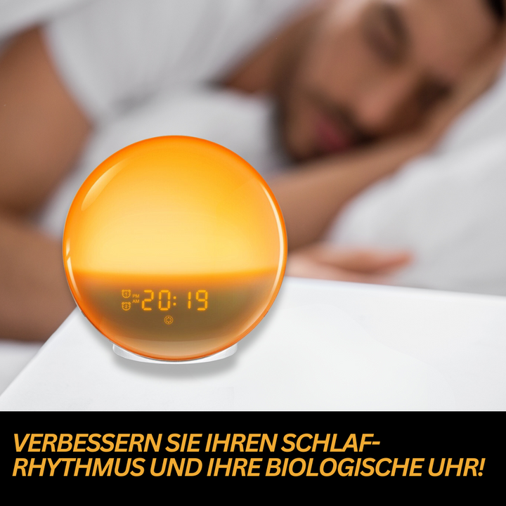GlowRise Lichtwecker als Einschlafhilfe und Schlafhilfe mit Sonnenuntergangsfunktion für Entspannung.