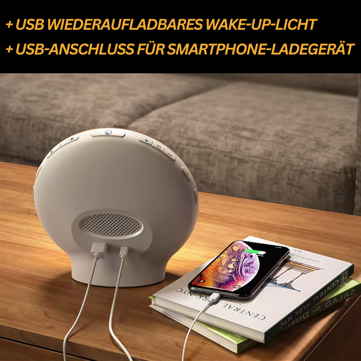 Wellness-Lichtwecker GlowRise fördert eine gesunde Morgenroutine und entspanntes Aufwachen mit natürlichem Licht.